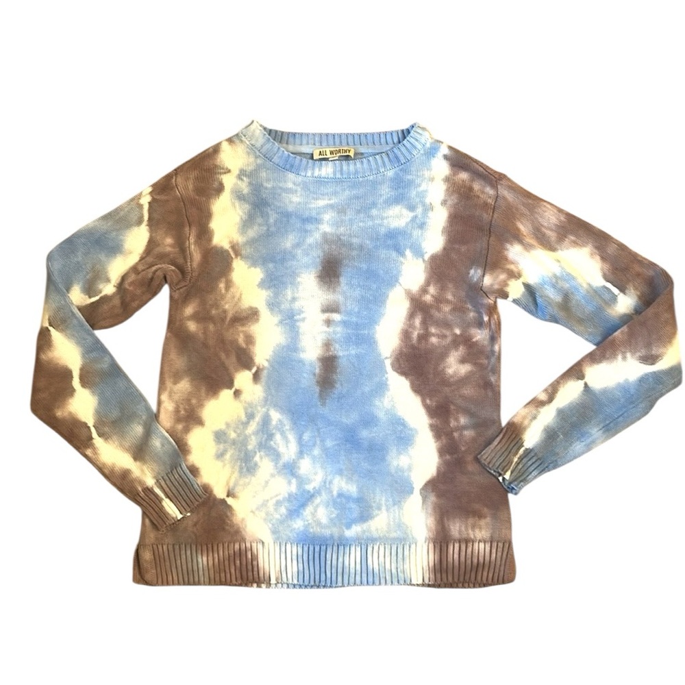 All Worthy Tie Dye Sweater Blue Brown White Neutral Boho Fall Winter Size XXS